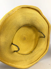 Load image into Gallery viewer, Original 1940s or 1950s Yellow Straw Hat with Wavy Brim and White and Green Floral Trim