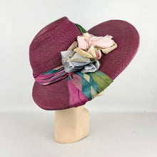 Load image into Gallery viewer, Incredible Original 1940's Oversized Pink Straw Summer Hat with Stripe Band And Flower Trim