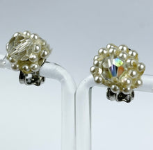 Load image into Gallery viewer, Vintage Faux Pearl and Faceted Glass Aurora Borealis Clip-on Earrings