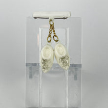Load image into Gallery viewer, Vintage White Plastic Bar Brooch with Two Little Clogs Hanging - Vintage Dutch Tourist Pin