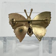 Load image into Gallery viewer, Vintage Painted Metal Butterfly Brooch with Amber Glass Body