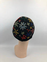 Load image into Gallery viewer, 1930s Black Felt Skull Cap with Floral Wool Work Embroidery