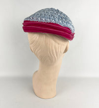 Load image into Gallery viewer, Original 1950s Ice Blue Straw Hat with Pink Velvet Trim and Blue Beading *