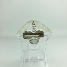Load image into Gallery viewer, Original 1940s 1950s Reverse Carved Lucite Brooch with Curved Edge and Triple Rose Carving