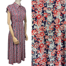 Load image into Gallery viewer, Original 1940's Red, White and Blue Floral Linen Dress with Neat Collar - Bust 34 35 *