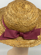 Load image into Gallery viewer, Original 1930's Wide Brimmed Straw Hat with Dusky Pink Grosgrain Trim - Wounded But Wearable