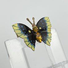 Load image into Gallery viewer, Vintage Painted Metal Butterfly Brooch with Amber Glass Body