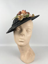 Load image into Gallery viewer, Original 1930's Black Straw Hat with Charming Faded Flora Flower Trim