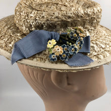 Load image into Gallery viewer, 1940's Cream Lacquered Frances Adams Raffia Hat with Pale Blue Floral Trim *