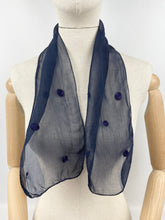 Load image into Gallery viewer, Original 1930's Dark Blue Chiffon Scarf with Silk Crewel Work Embroidery - Neat Neck Tie - Great Christmas Gift