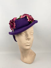 Load image into Gallery viewer, Original 1940s Rich Purple Felt Hat with Cerise Pink Velvet Flower Trim *