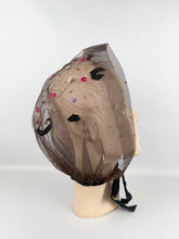 Load image into Gallery viewer, Original 1950s Net Hood with Butterfly, Sequins and Floral Trim