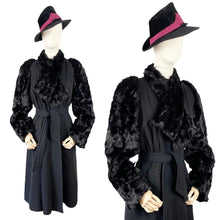 Load image into Gallery viewer, RESERVED FOR SAM Incredible Original 1930s Black Belted Wool Coat with Faux Fur Sleeves - Bust 34 35 36