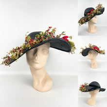 Load image into Gallery viewer, Absolutely Incredible Huge Black Straw Hat with Wonderful Flower Trim from the 1920's or 1930's *