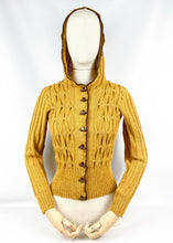 Load image into Gallery viewer, 1930's Reproduction Hand Knitted Long Sleeved Hooded Cardigan in Mustard Alpaca Wool With Novelty Hat Buttons - Bust 34 35