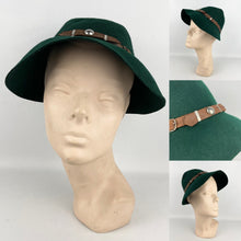 Load image into Gallery viewer, Original 1930's or 1940's French Forest Green Felt Hat with Leather Trim and Buckles