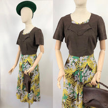 Load image into Gallery viewer, Original 1940s Summer Dress in Brown and Green Tropical Print - Bust 38 40