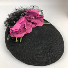 Load image into Gallery viewer, Original 1940's Black Fine Sisal Hat with Wonderful Pink Flower and Flocked Net Trim
