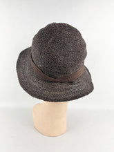 Load image into Gallery viewer, Original Late 1920's or Early 1930's Dark Brown Straw Cloche Hat with Grosgrain Trim *
