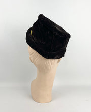 Load image into Gallery viewer, Original 1940s Dark Brown Velvet Topper Hat with Mustard Velvet Trim