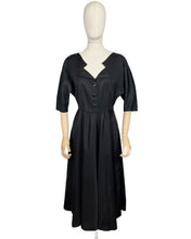 Load image into Gallery viewer, Original 1950's Inky Black Taffeta Cocktail Dress - Fabulous Little Black Dress with Full Skirt and Black and Gold Buttons - Bust 34 35 36