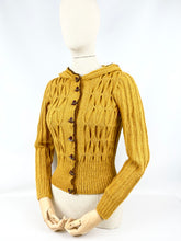 Load image into Gallery viewer, 1930's Reproduction Hand Knitted Long Sleeved Hooded Cardigan in Mustard Alpaca Wool With Novelty Hat Buttons - Bust 34 35