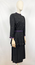 Load image into Gallery viewer, Original Late 1930s or Early 1940s Black Crepe Tunic Dress with Metal Trim - Bust 38 40