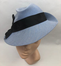 Load image into Gallery viewer, 1930s Cornflower Blue Felt Fedora Hat with Black Grosgrain Trim