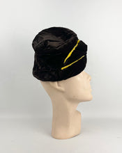 Load image into Gallery viewer, Original 1940s Dark Brown Velvet Topper Hat with Mustard Velvet Trim