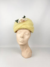 Load image into Gallery viewer, Original 1950's 1960's Yellow Net Hat with Rose Floral Trim - "A Jan Dec Hat"
