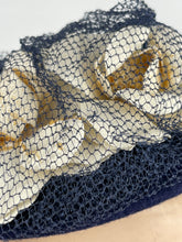 Load image into Gallery viewer, Original 1940's Blue Felt Topper Hat with Net and White Floral Trim *