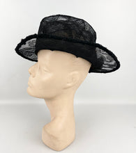 Load image into Gallery viewer, Original 1940s Black Lace Hat with Wire Frame and Bow Trim