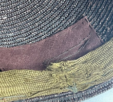 Load image into Gallery viewer, Original 1930s Brown Straw Cloche Hat with Rust Coloured Polka Dot Ribbon Trim and Metal Feather Trim