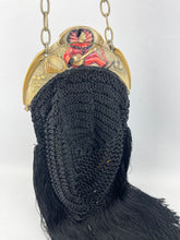 Load image into Gallery viewer, Original 1920's French Made Antique Crochet Bag with Celluloid Frame Decorated with Pierrot, Owls and Musical Instruments