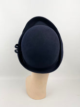 Load image into Gallery viewer, Original Late 1930s or Early 1940s Close Fitting Dark Blue Felt Hat with Neat Trim and Upturned Brim