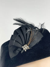 Load image into Gallery viewer, Original 1940s Black Velvet Military Inspired Hat with Paste and Feather Trim