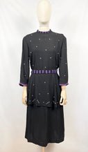 Load image into Gallery viewer, Original Late 1930s or Early 1940s Black Crepe Tunic Dress with Metal Trim - Bust 38 40