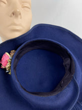 Load image into Gallery viewer, Stunning Original 1930s Blue Felt Bonnet Hat with Floral Trim