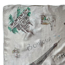 Load image into Gallery viewer, Vintage 1950's Bonjour Paris Tourist Scarf with The Eiffel Tower, Notre-Dame and More - Great Neckerchief or Headscarf