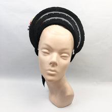 Load image into Gallery viewer, Original 1940's Black Straw Hat - Pretty Bonnet Shape Half Hat with Poppy Flower Trim - Patriotic