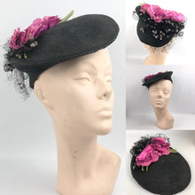 Load image into Gallery viewer, Original 1940's Black Fine Sisal Hat with Wonderful Pink Flower and Flocked Net Trim