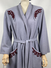 Load image into Gallery viewer, REPRODUCTION 1940s Blue Wool Coat with Burgundy Soutache Trim and Tie Belt - Bust 40 42