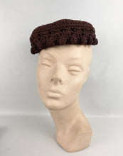 Load image into Gallery viewer, Original 1950’s Rich Chocolate Brown Crochet Topper Hat - Classic Vintage Hat
