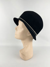 Load image into Gallery viewer, Original 1920’s 1930's Black Felt Cloche Hat With White Metal Faux Buckle Trim *