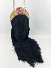 Load image into Gallery viewer, Original 1920's French Made Antique Crochet Bag with Celluloid Frame Decorated with Pierrot, Owls and Musical Instruments