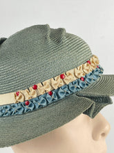 Load image into Gallery viewer, Original 1930's Blue Green Straw Hat with Grosgrain and Glass Bead Trim