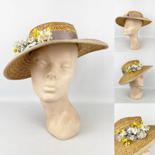 Load image into Gallery viewer, Original 1930's Wide Brimmed Natural Straw Hat with Cluster of Fabric Flowers