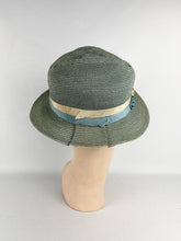 Load image into Gallery viewer, Original 1930's Blue Green Straw Hat with Grosgrain and Glass Bead Trim