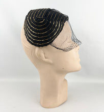 Load image into Gallery viewer, Fabulous Original 1950's Black Straw Cocktail Hat with Gold Trim and Net - Perfect Evening Hat