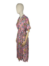 Load image into Gallery viewer, Original 1950's Pink Cotton Dress with Floral Print in Blue, Yellow, Grey and Green - Bust 38 40 *